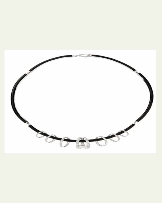 Oui A-Round Short Necklace with Black Enamel and White Diamonds